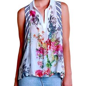 $113 Aratta Mixed Print Blouse Medium 6 8 Floral + Stripes Pintucks Front + Back